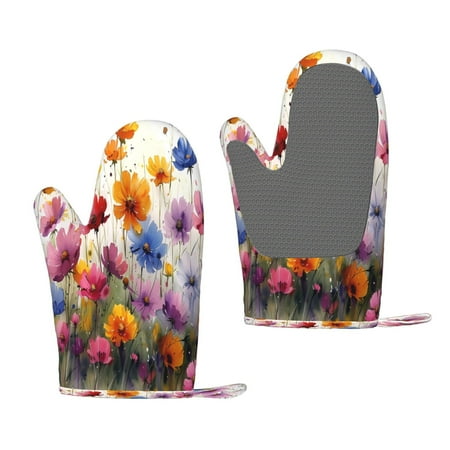 

Junzan Colorful Wildflower Meadow for Oven Mitts 2 Piece Set BBQ Gloves Grilling Gloves Heat Resistant Oven Gloves Kitchen Silicone Oven Mitts for Barbecue/Cooking/Baking