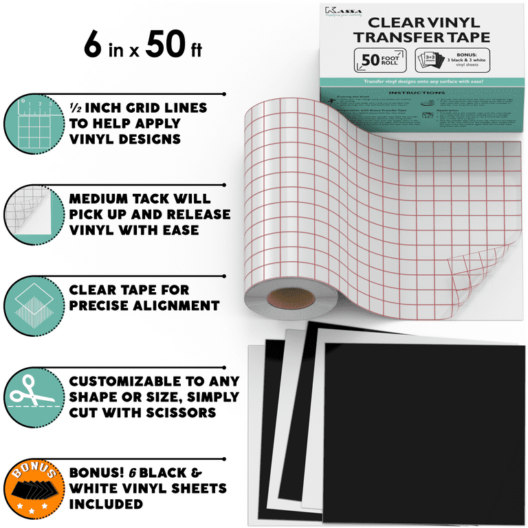 Kassa Vinyl Transfer Tape Roll is 6 x 50 feet, 3 Black and 3 White Vinyl  Sheets Included - Clear Vinyl Transfer Paper for Silhouette Cameo - Medium  Tack.Kassa 