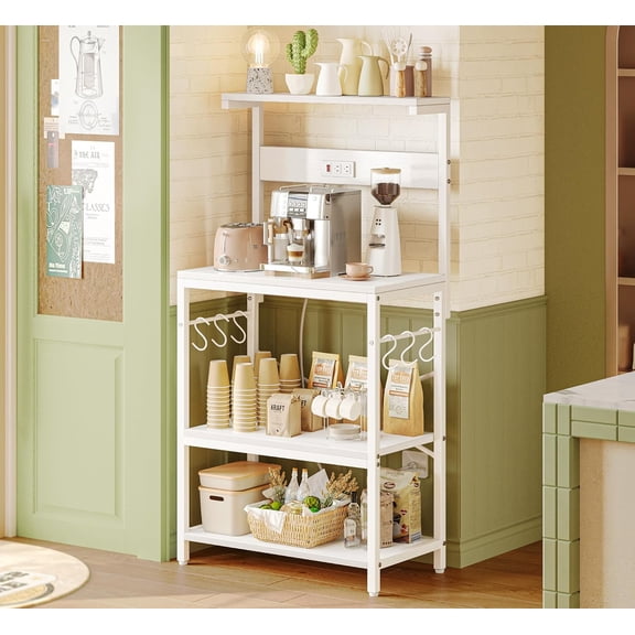 Kitchen Bakers Rack with Power Outlet, Coffee Bar Table 4 Tiers, Kitchen Microwave Stand with 6 S-Shaped Hooks, Storage Shelf Rack for Spices, Pots and Pans - White