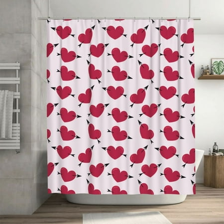 Pink Heart Cupid Arrow Pattern Shower Curtain, Love Backdrop Waterproof Bath Curtains for Bathroom Decorations, 72 x 72 inches
