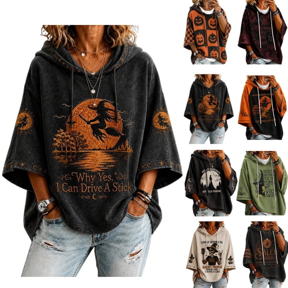 Women's Salem Broom Company Printed Hoodies Halloween Witch Spooky Season Sweatshirt Witch Costume Hocus Pocus Holiday Pullover Saffron S
