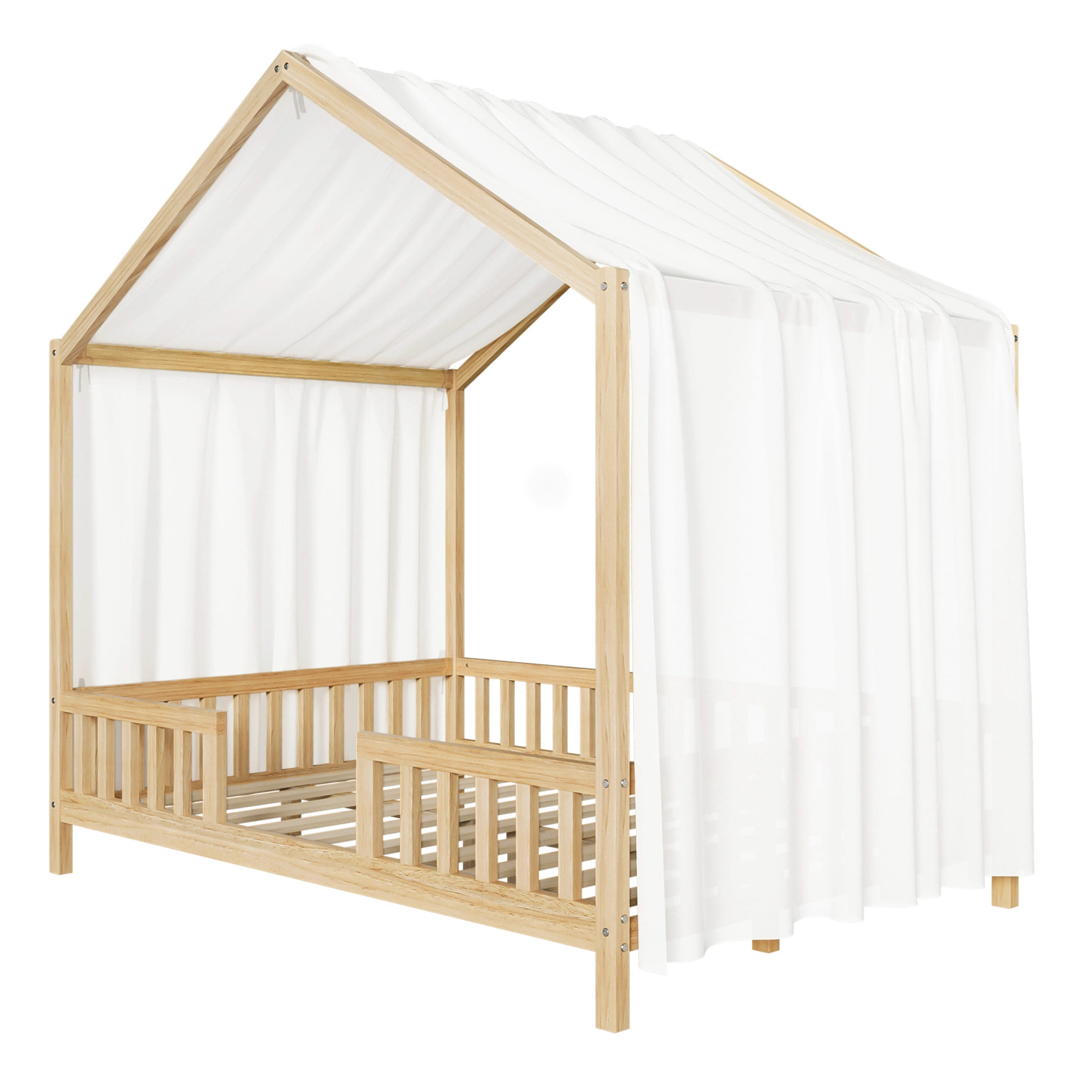 Noble House Full Floor Bed with Canopy and Guardrails, Wood House Bed Frame for Kids, Natural