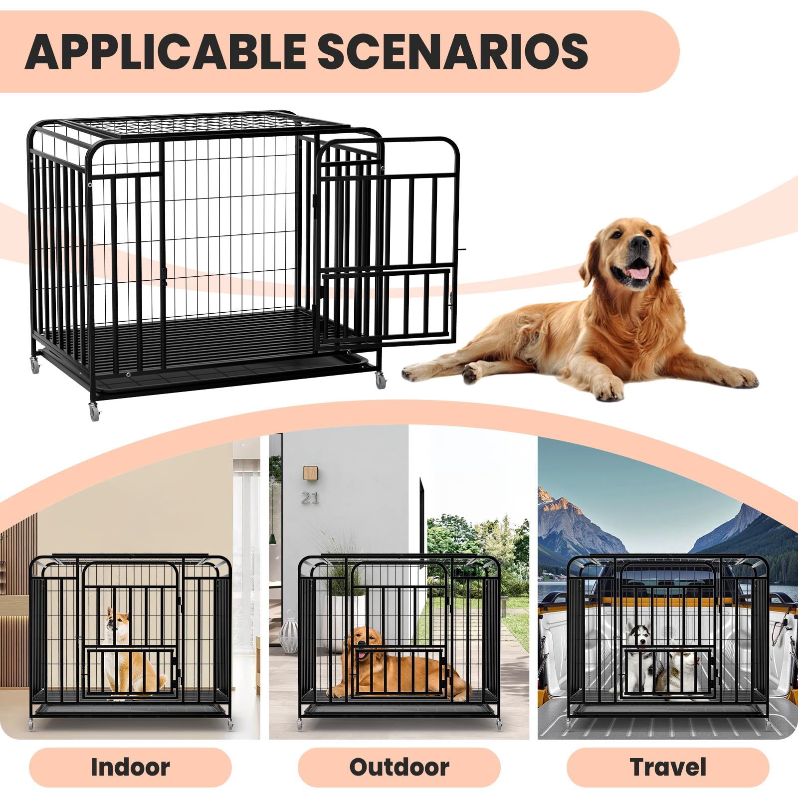 Alloy Steel Dog Crate with Front & Top Door, 36.4" Indoor Outdoor Dog Kennel with Lockable Wheels, Removable Tray for Easy Cleaning