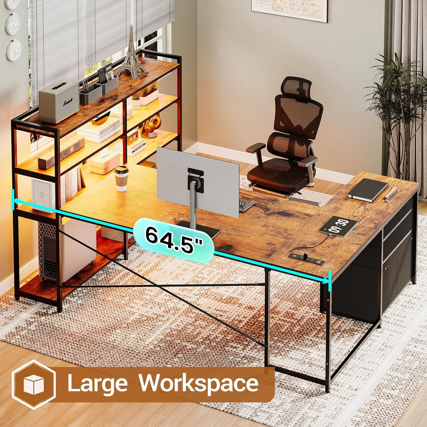 Computer Desk with Drawers, 64.5" Reversible Office Desk with Fabric File Drawer, Corner Computer Desk with Power Outlet & LED Strip and Storage Bookshelf,Rustic Brown