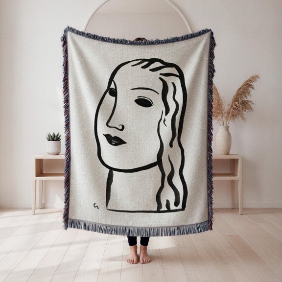 Black and Off-White Line Art Face Woven Blanket, 100% Cotton, Minimalist Portrait Style for Living Room