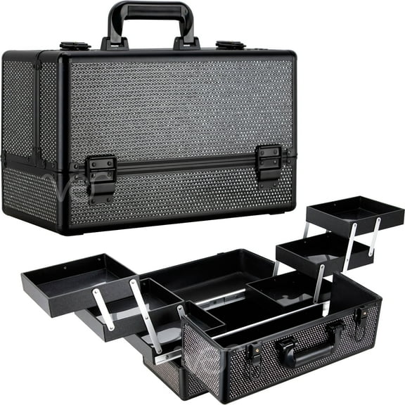 Ver Beauty Makeup Case - 6 Trays Makeup Organizer with a Lock for Secure Travel Kit (Black Crystal)