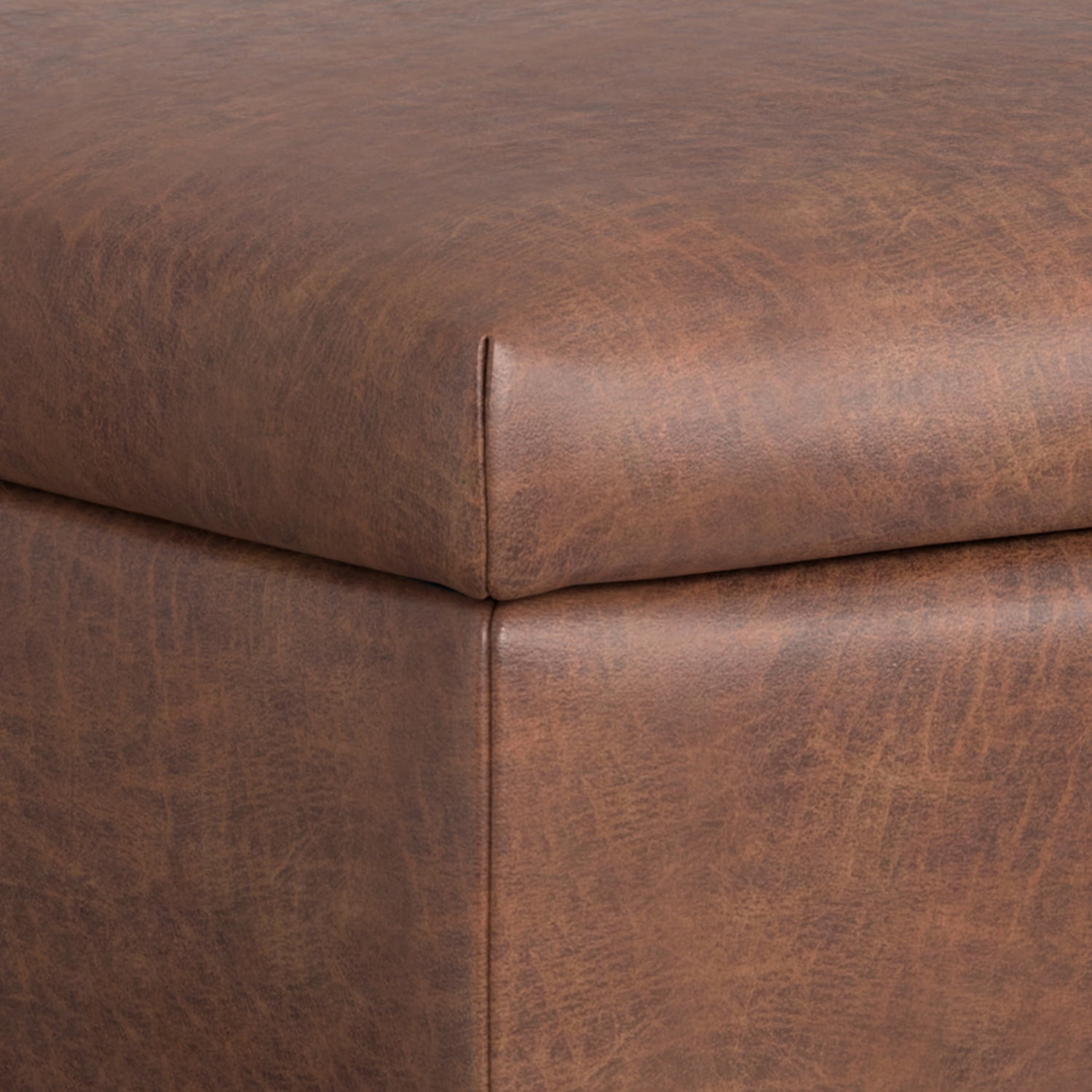 Simpli Home Rebecca 48 inch Wide Mid Century Modern Rectangle Large Coffee Table&nbsp;Storage Ottoman with Lift up Lid in Distressed Saddle Brown Faux Leather