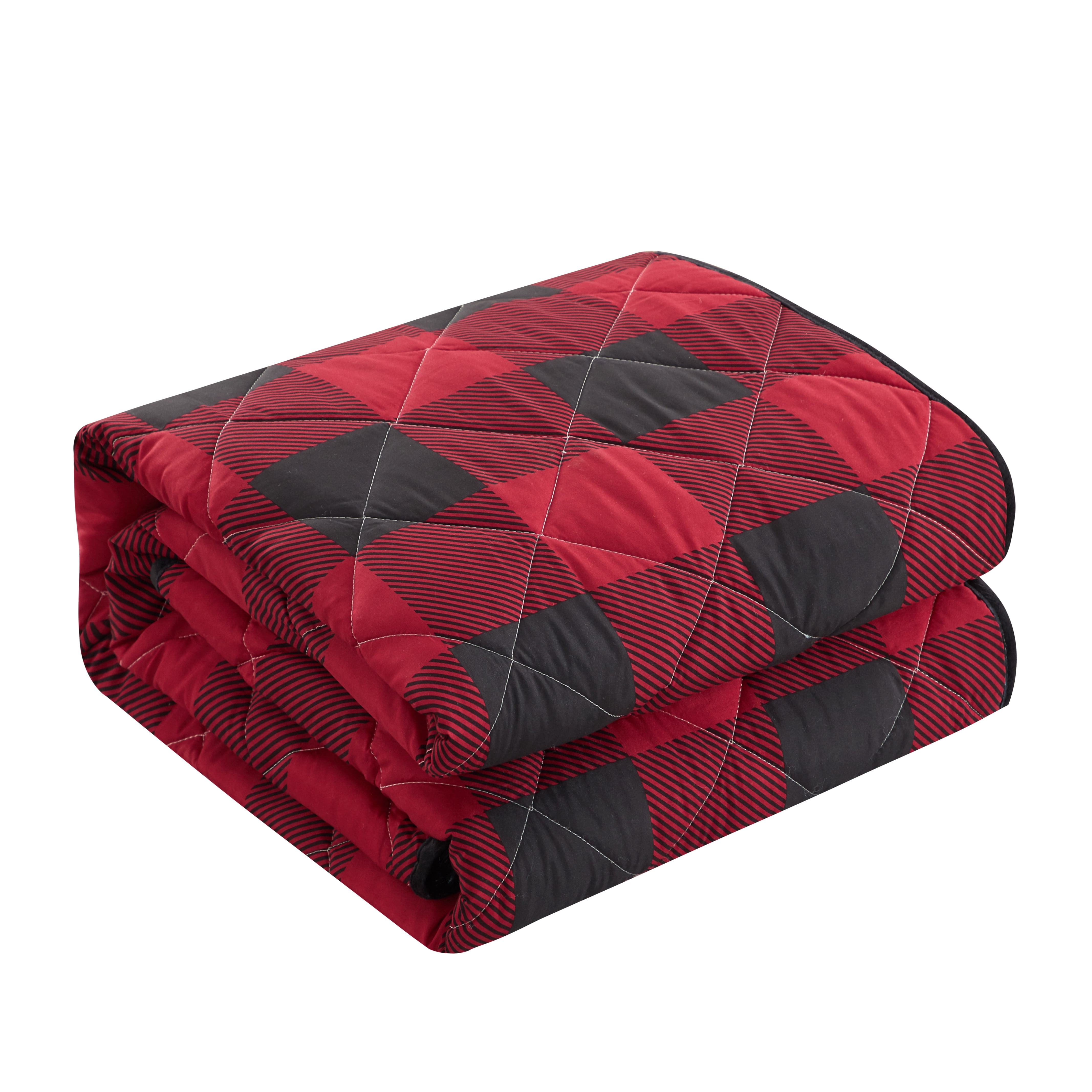 Dearfoams Super Soft Red and Black Diamond Stitching Checkered Quilt Set, King
