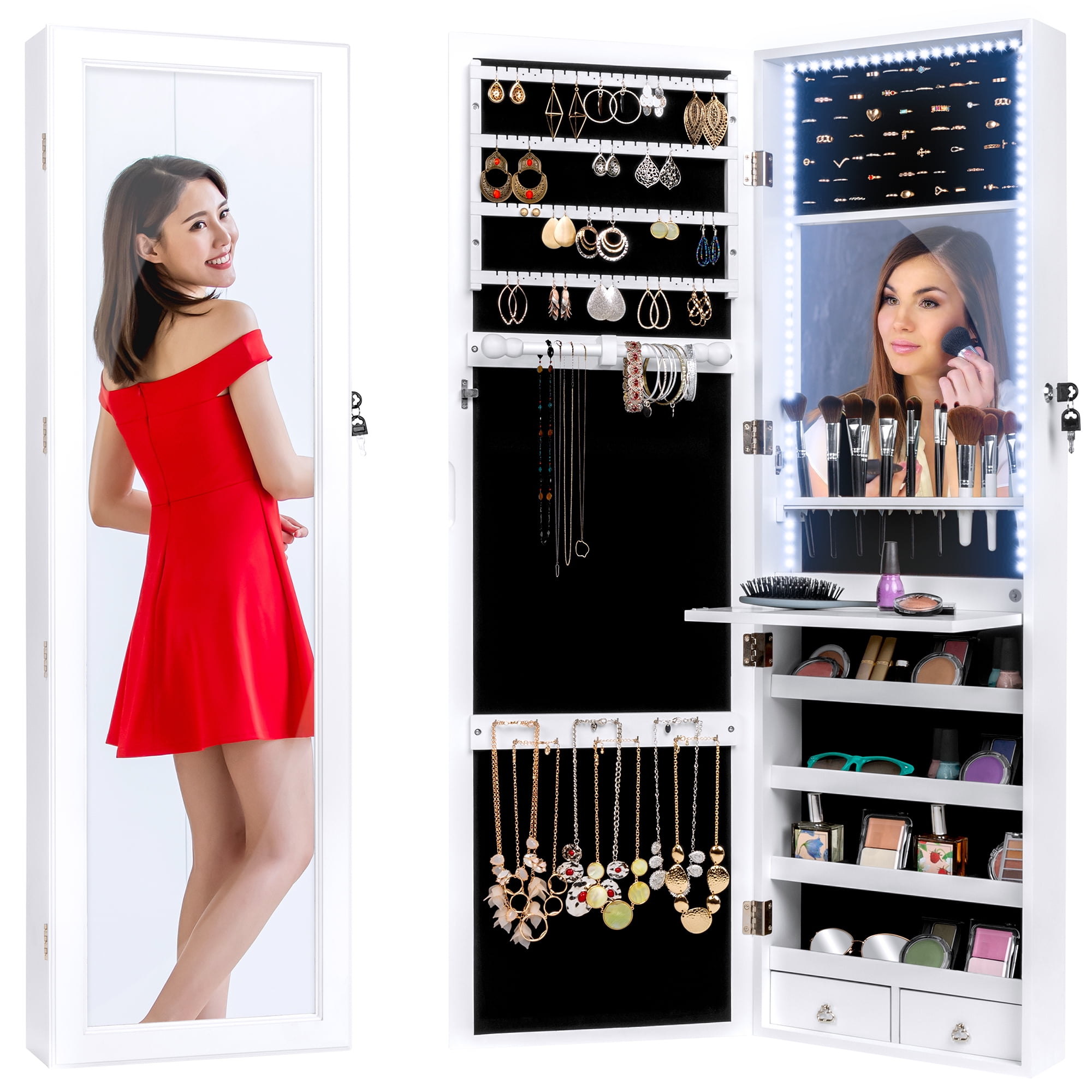 Best Choice Products Hanging Mirror Jewelry Armoire Cabinet For Door Or Wall Mount W Led Lights Cosmetics Tray Lock Walmart Com Walmart Com