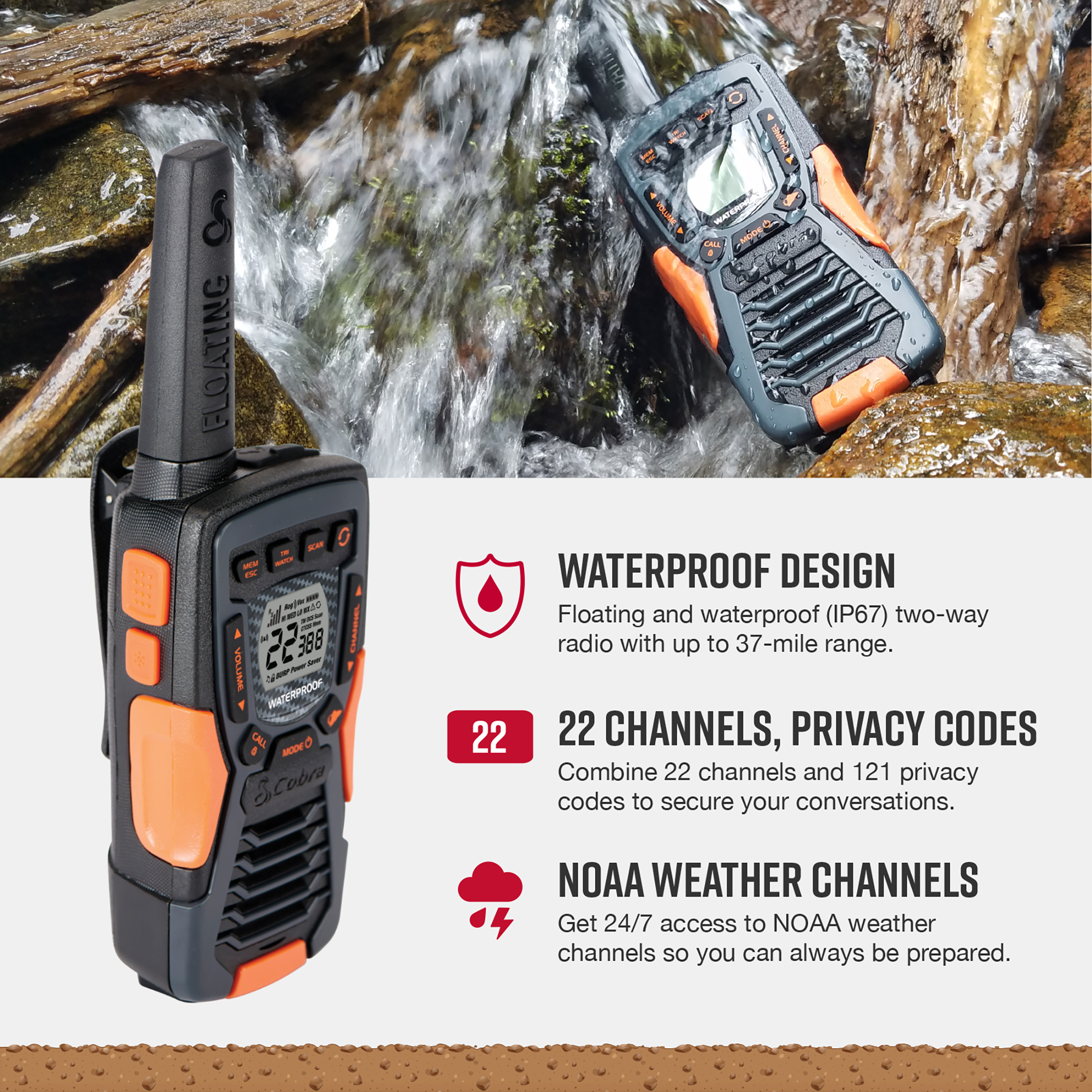 Cobra ACXT1037R Floating Walkie Talkie, 37-Mile Range photo 3
