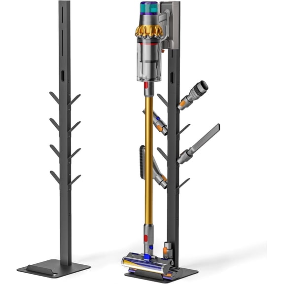Cordless Vacuum Cleaner Floor Stand, Freestanding Metal Vacuum Holder with 8 Storage Hooks, No-Drill Vacuum Organizer for Stick Vacuums & Accessories, Black