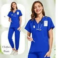 thumbnail image 4 of DENGDENG Nurse Scrubs for Women Set Casual Stretch Short Sleeve V-Neck Scrub Top & Jogger Pants Summer Breathable Soft Nursing Uniforms Scrubs Sets with Pockets Royal Blue M, 4 of 5