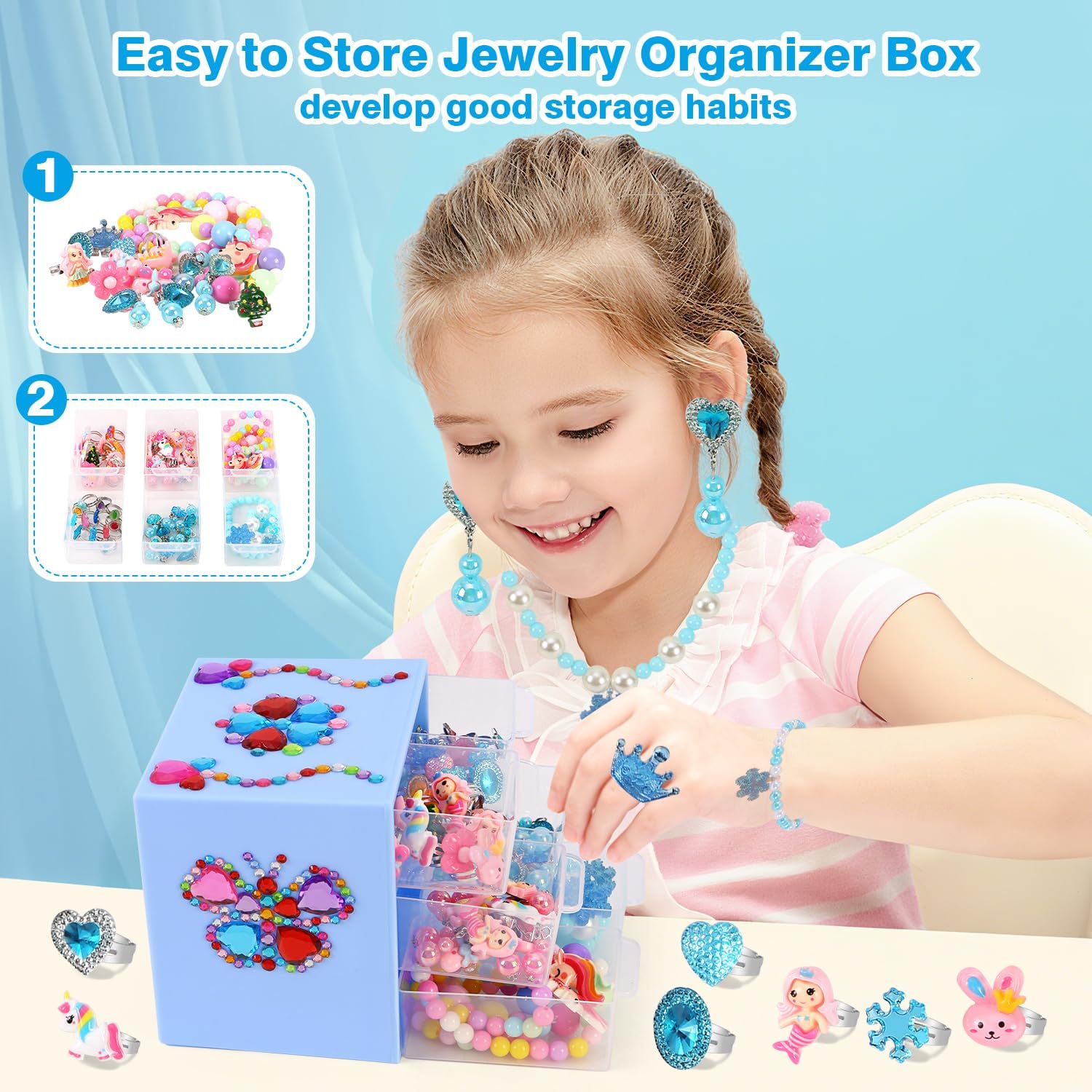 Toddler Toys for Ages 5-7 Girls Jewelry Set Kids Toys Arts and Crafts Kits Clip on Earrings,Princess Toy Adjustable Ring,Girls Toy Age 3 4 5 6-8 Year Old Birthday Christmas Gifts Hair Clip