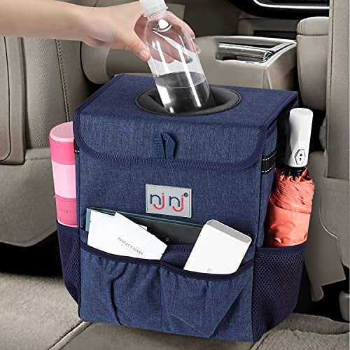 Multifunction Car Trash Can with Lid Waste Container Leak-Proof Garbage Bin Card Coin Holder Cup Tissue Box Grey 
