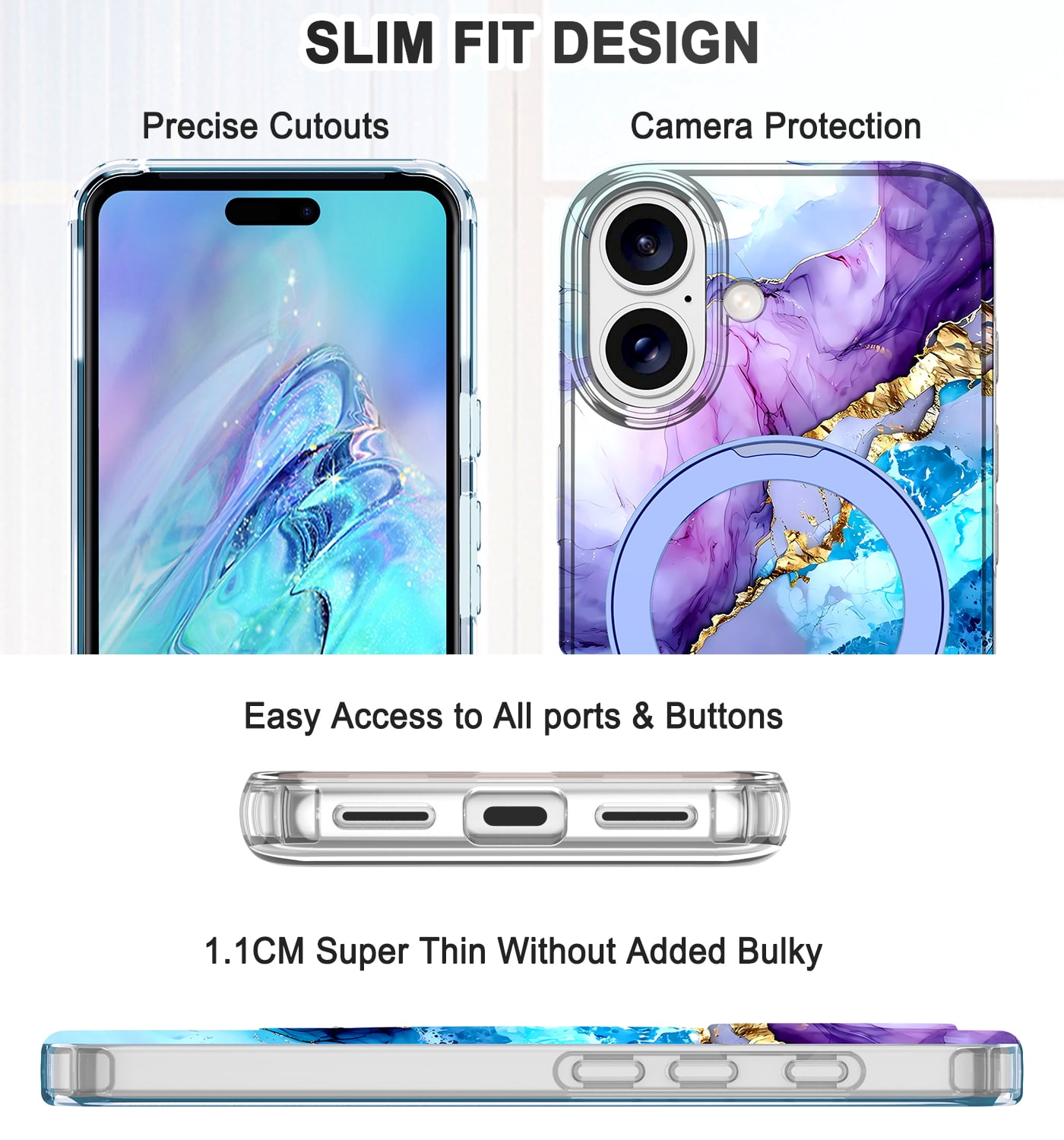 CASEFIV for iPhone 16 Plus Case,with Magnetic Invisible Ring Stand [Compatible with MagSafe],Full Body Rugged Slim Women Men Girl Shockproof Marble Pattern Design Case,Blue