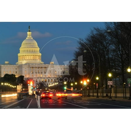 Washington Dc, United States Capitol Building Night View from from Pennsylvania Avenue with Car Lig Print Wall Art By