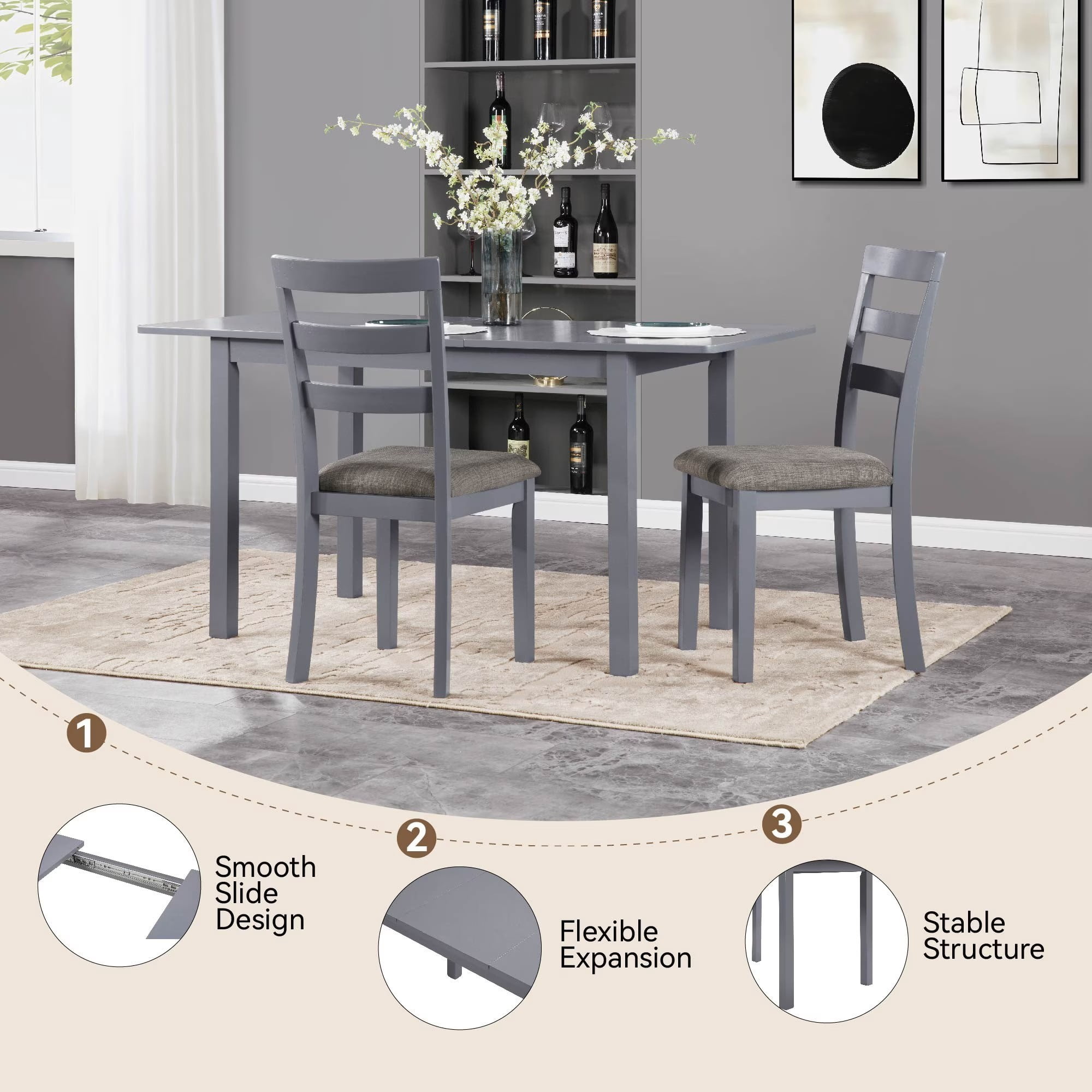 59" Extendable Dining Table, Modern Wooden Kitchen Table for 4-8 People, Expandable Dining Room Table, Multipurpose Home Office Desk for Small Space, Dark Gray