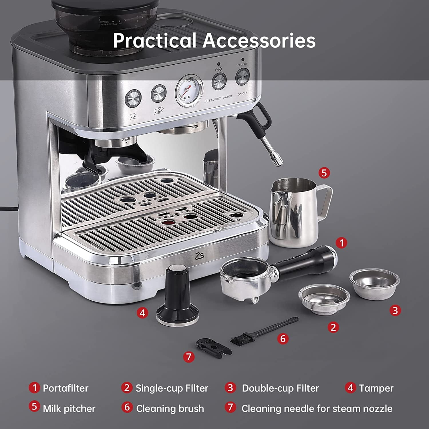 Espresso Machine with Milk Frother and Grinder, 15 Bar Automatic Espresso Coffee Machine All In One Coffee Maker with Italian ULKA Pump, 2.5L Water Tank, Brushed Stainless Steel for Home Office