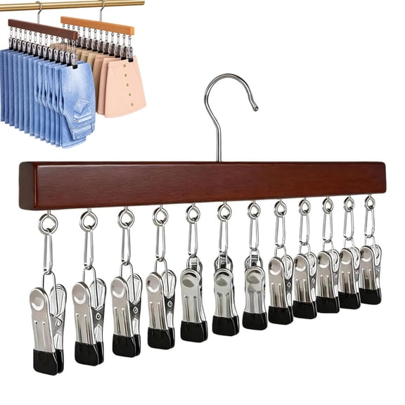 No-Slip Wooden Multi-Clip Organizer with 12 Clips, Heavy-Duty Hanger for Pants, Hats, Scarves and Closet Storage