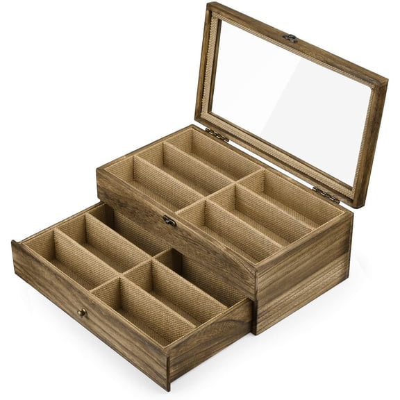 Sunglasses Case Organizer, Wood Eyeglass Eyewear Display Box with Glass Top, Carbonized Black