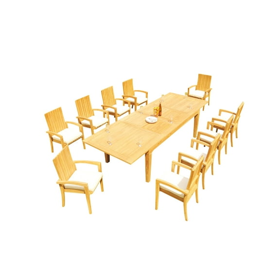 Grade-A Teak Dining Set: 10 Seater 11 Pc: 122" Caranas Rectangle Table And 10 Goa Stackng Arm Chairs Outdoor Patio WholesaleTeak #51GO2911
