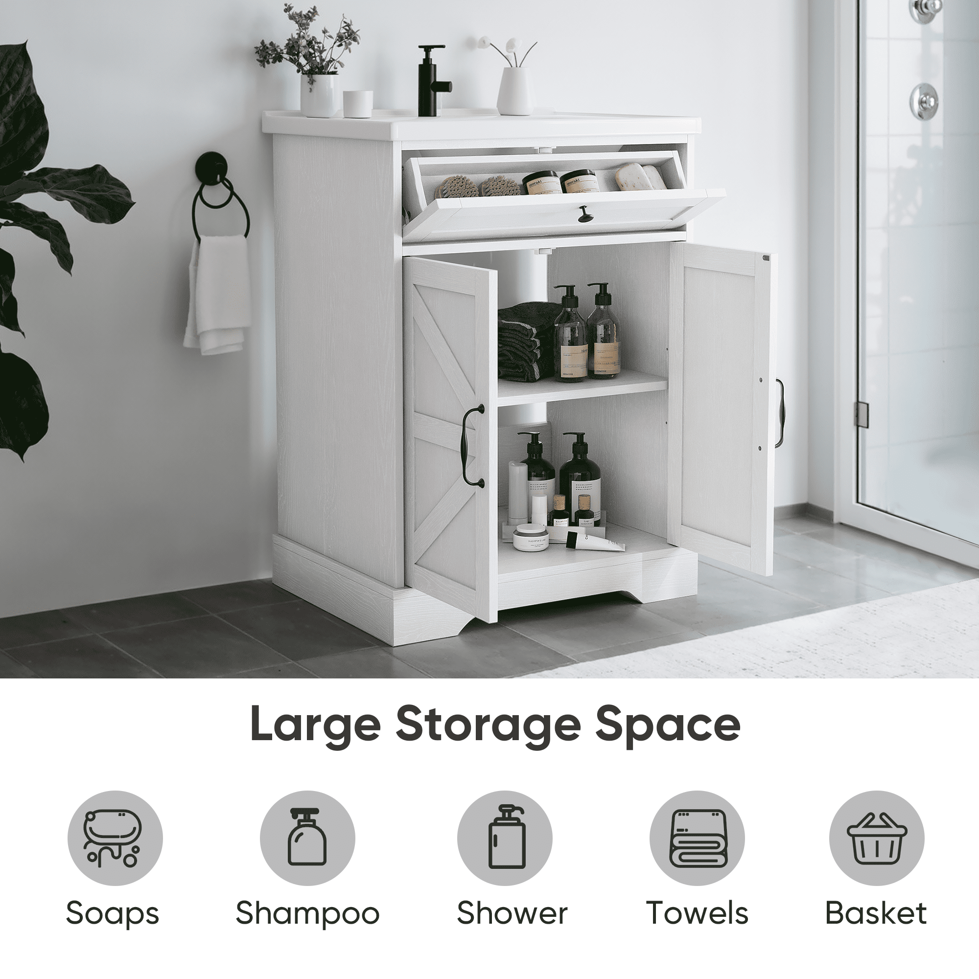 Smuxee 24" Bathroom Vanity with Integrated Sink Top, Bathroom Storage Cabinet with Flip Drawer & Doors, White
