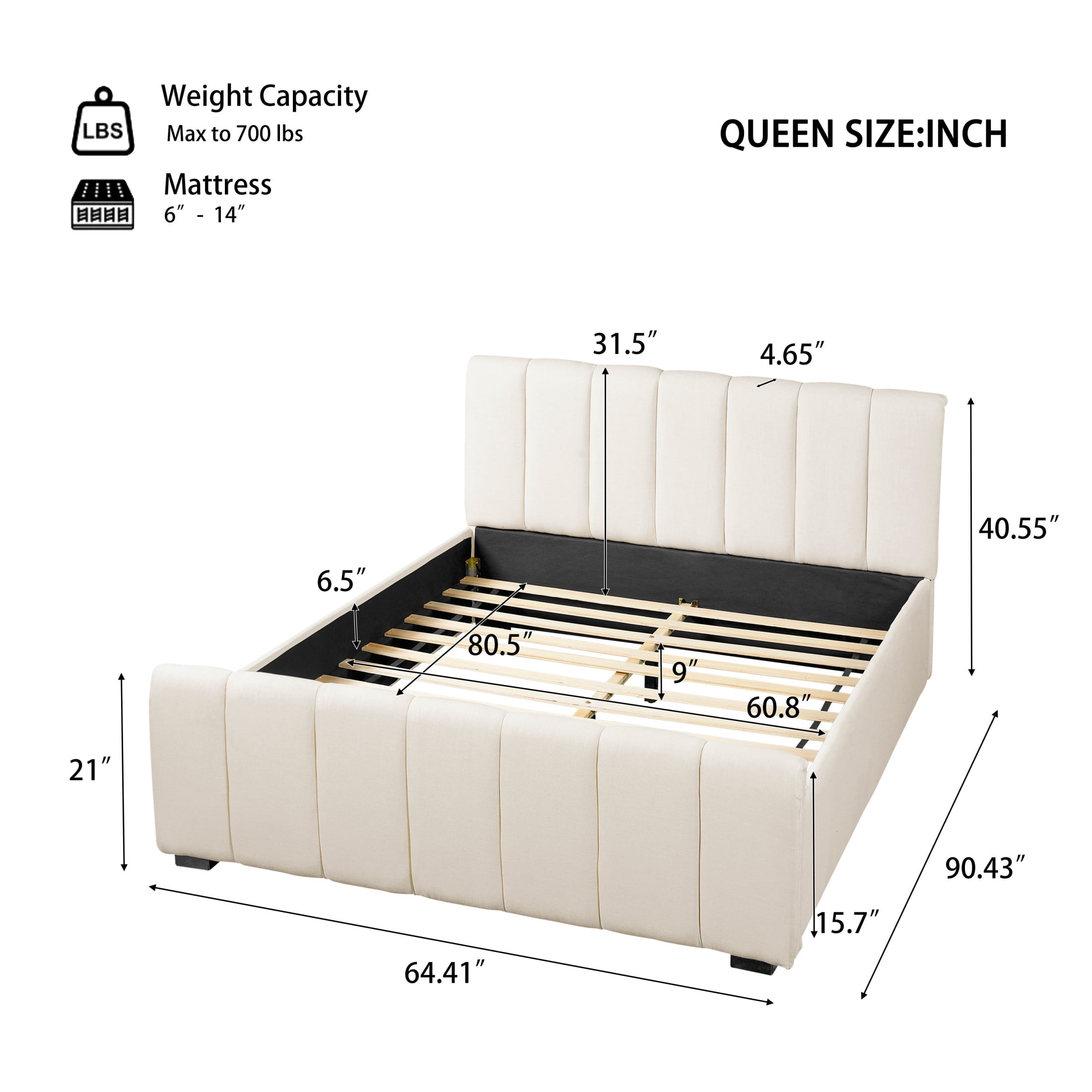 Christopher Knight Home Queen Size Upholstered Bed Frame with Linen Fabric Thick Headboard, Beige
