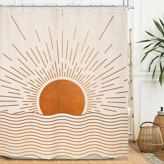 Abstract Sun Shower Curtain Set 72Wx72H Inches Modern Minimalist Mid Century Aesthetic Mustard Yellow Sunburst Sunrise Simple Polyester Waterproof Cloth Bathroom Curtain with 12 Hooks