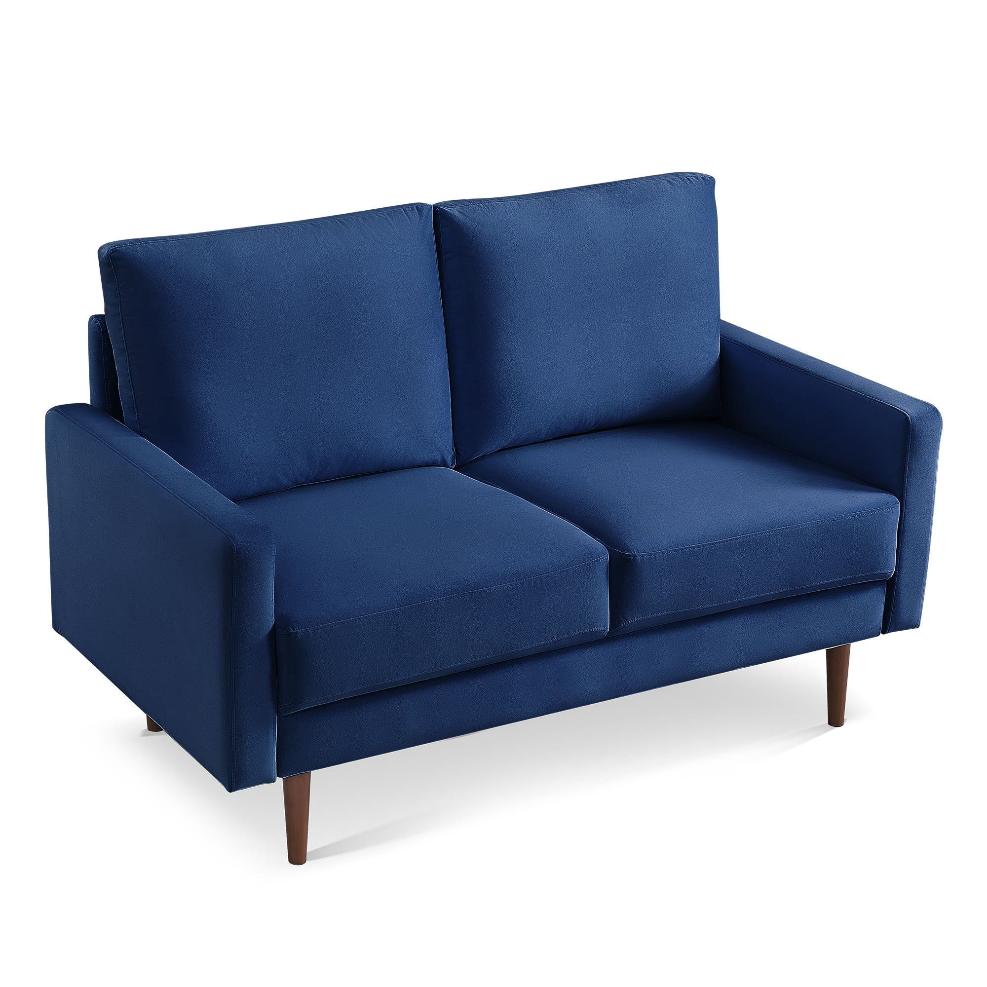 Lovelock 57" Mid-Century Modern Sofa Couch, Velvety Smooth Upholstered Loveseat with Wooden Legs, Suitable for Apartment, Dorm, Bedroom, Blue