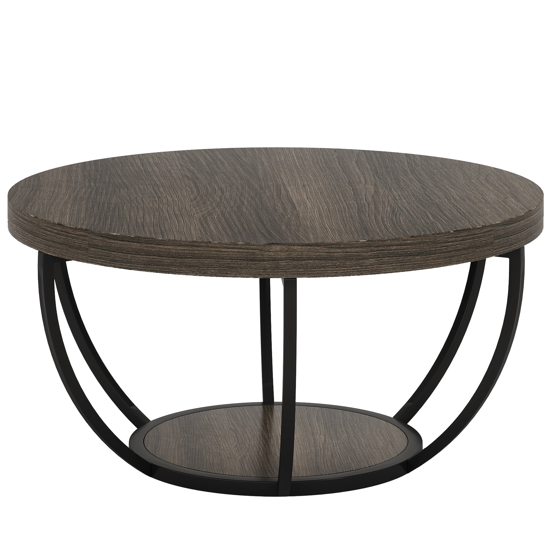 Fnova Coffee Table with 2 - Tier Storage, 32" Round Wood Coffee Table with Metal Legs, Modern Rustic Style Center Table for Living Room, Dark Gray and Black