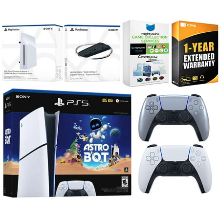 Sony PlayStation 5 Astro Bot Slim Digital Bundle with Disc Drive, Extra Controller, Vertical Stand, MightySkins Game Collection Services and 1 Year Extended Warranty - Sterling Silver