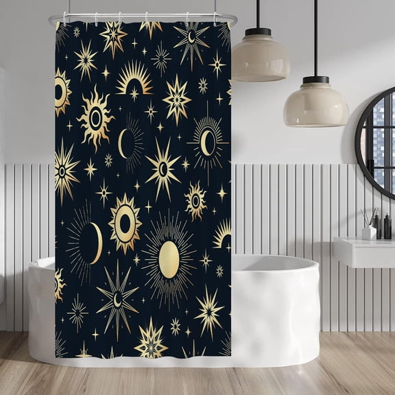 Golden Sun Moon and Stars Shower Curtain Blue Background Celestial Shower Curtains Decorative for Bathroom Waterproof Fabric Shower Curtain with Hooks 36x72 Inches
