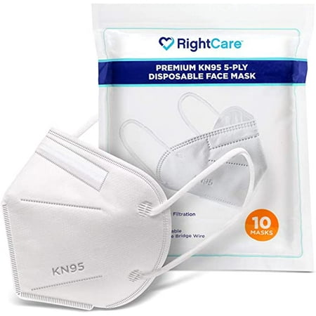 RightCare KN95 Protective Face Mask with Ear Loops and Shapeable Nose Bridge, Standard Size 10 Pack