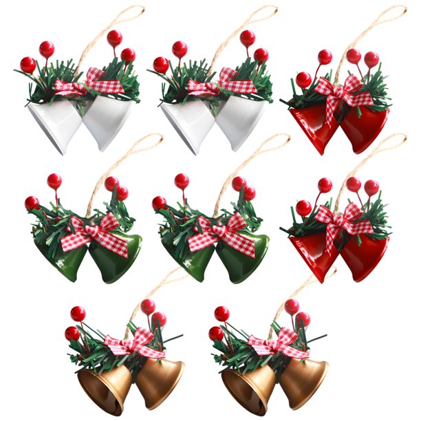 8 adornos de campanas navideñas, cascabeles dobles con lazo de cuadros escoceses y bayas de acebo, adornos de metal para árboles de Navidad de 1,5 x 2,8 x 5,5 pulgadas para decoración de puertas de fi