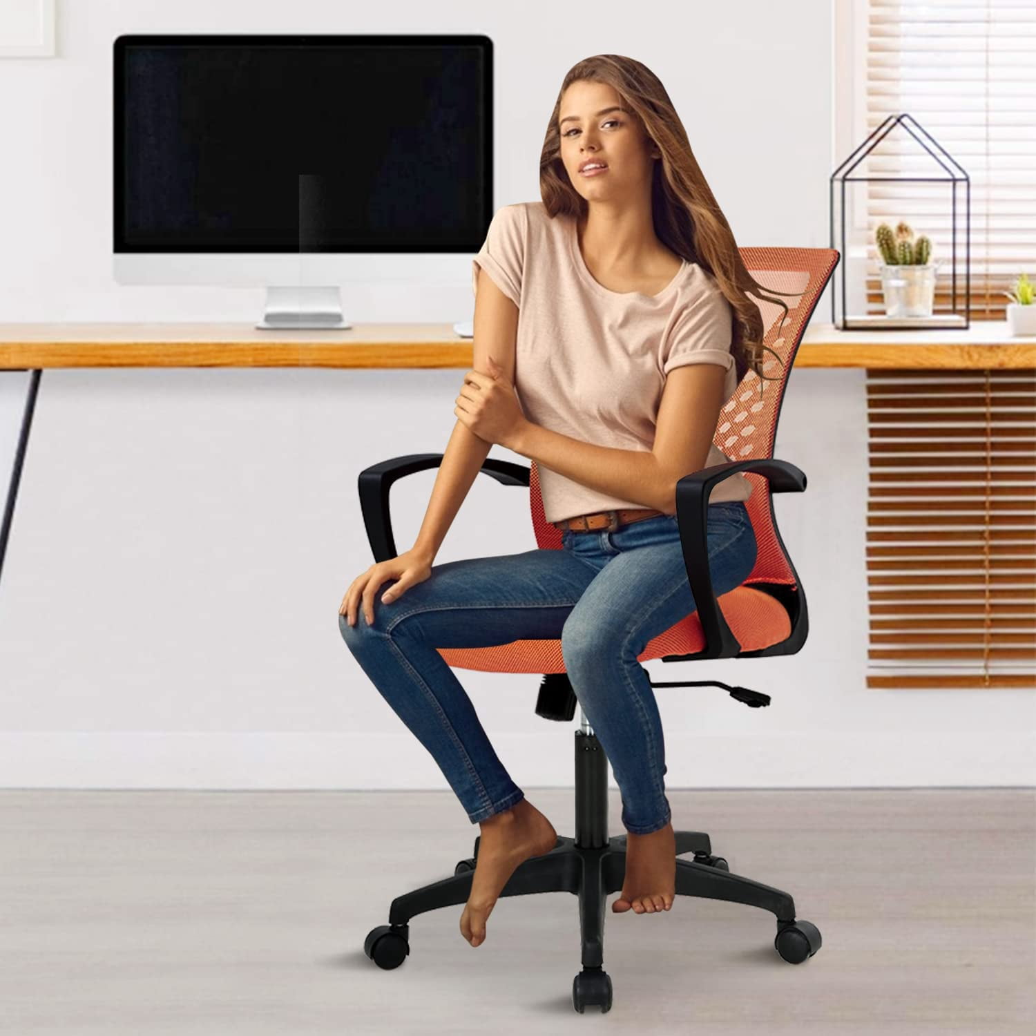 Mesh Office Chair Ergonomic Desk Chair w/Comfortable Seat Lumbar Support, Adjustable Mid Back Rolling Task Computer Chairs for Adults, Orange