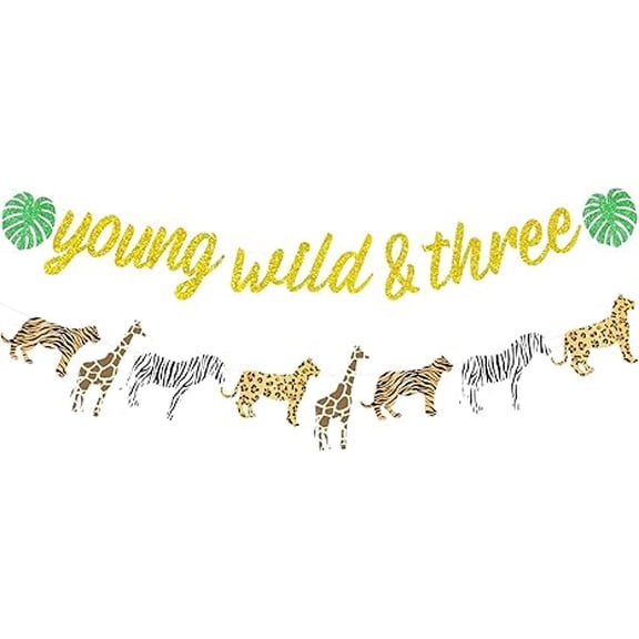 Jungle 3rd Birthday Decorations Young Wild and Three Banner Glitter Safari Animal Print Bunting Garland for Boys or Girls Wild Three Birthday Decorations Third Birthday Party