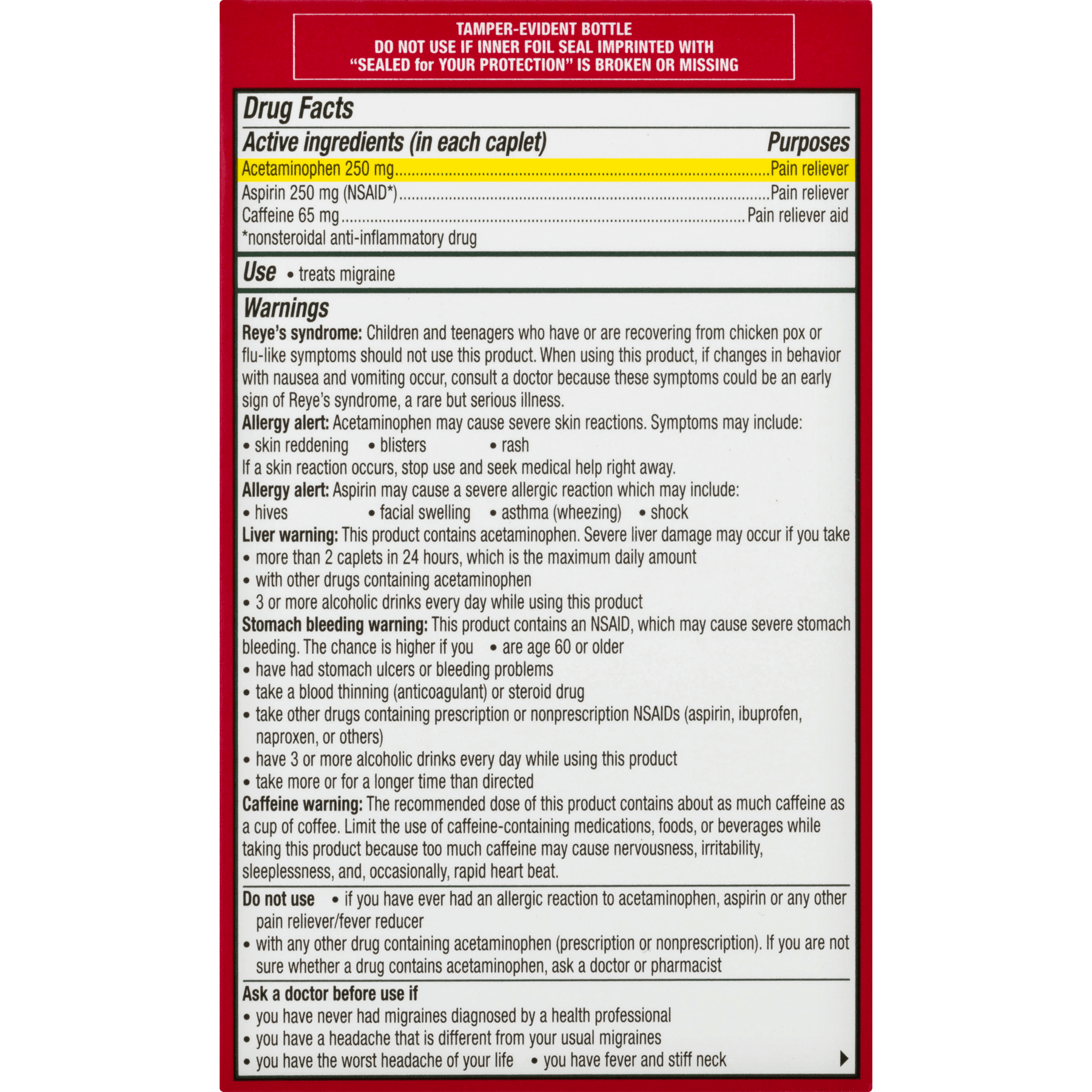 Excedrin Migraine Pain Reliever Caplets, 250 Ct