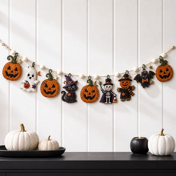 Garland Retro Halloween Black Cat Pumpkin Ghost Clown and Scarecrow Wooden Mantel and Wall Hanging Home Decor