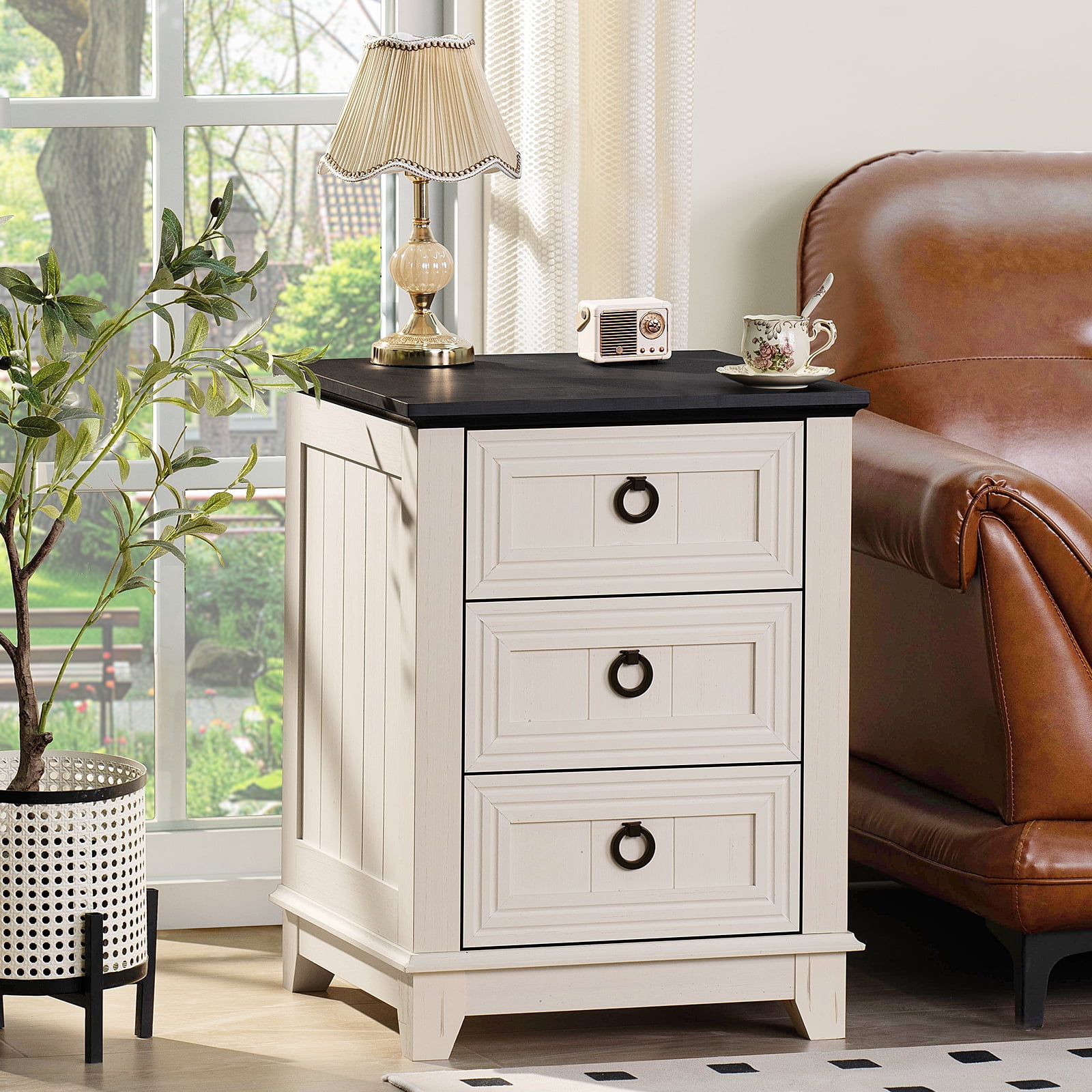 Joaxswe Farmhouse Nightstand with 3 Drawers, Modern 18" Wide End Table Night Stands Mid Century Small Wooden Bedside Table, White