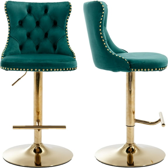 Green Velvet Bar Stools Set of 2 - Adjustable Swivel Counter Height Chairs with Tufted Back and Nailhead Trim for Kitchen Island (Green, Gloden Metal, 2 Pcs)