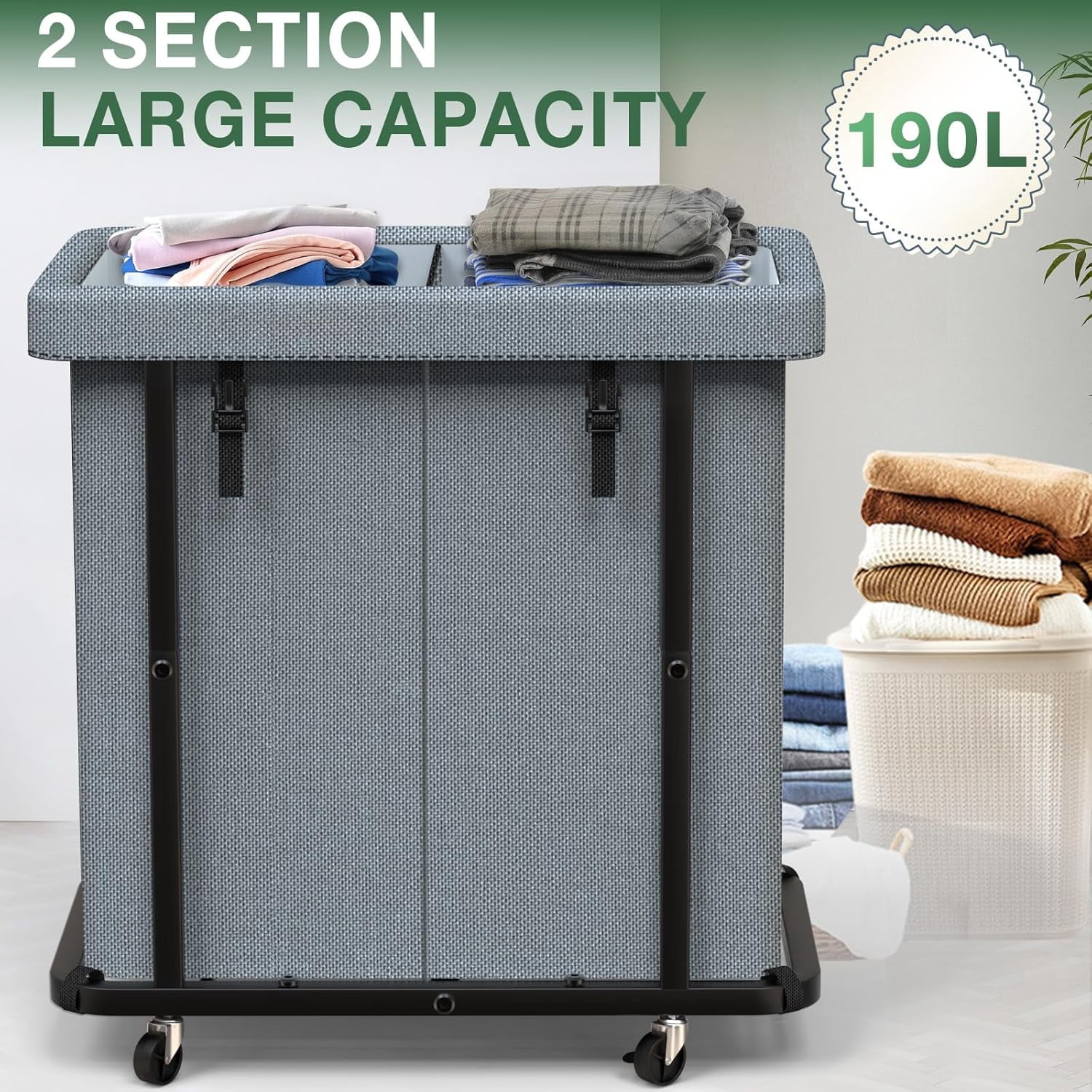 50 Gal(190L) High Grade Large Laundry Basket with Wheels, Rolling Laundry Hamper, Laundry Cart with Metal Frame and Removable Bag Design, Suitable for Laundry Room, Bedroom (Grey, 2 Section 190L)
