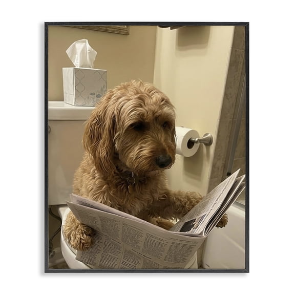 Stupell Industries Dog & Paper on Toilet Black Framed Giclee Art, design by Abigail Walker
