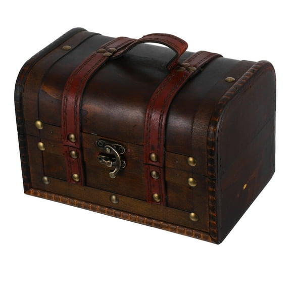 GAXIRE Vintage Style Small Lockable Treasure Chest Box Dark Brown Wooden Storage Organizer 1 Set