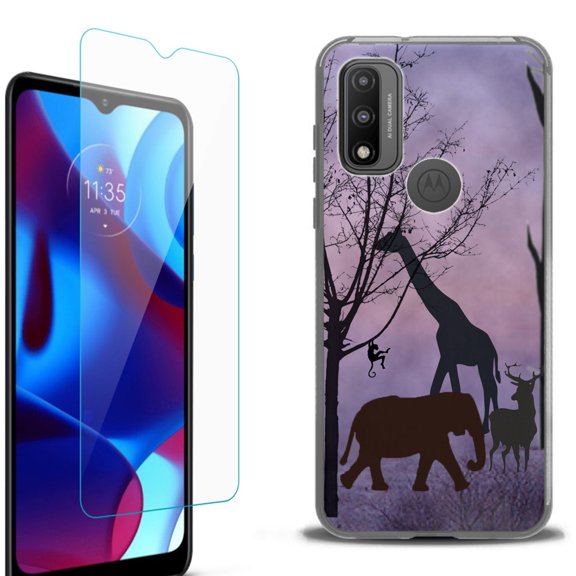 Slim-Fit Protective Phone Case (Black) compatible with Motorola Moto G Pure 5G, with Tempered Glass Screen Protector, by OneToughShield ® - Twilight Safari