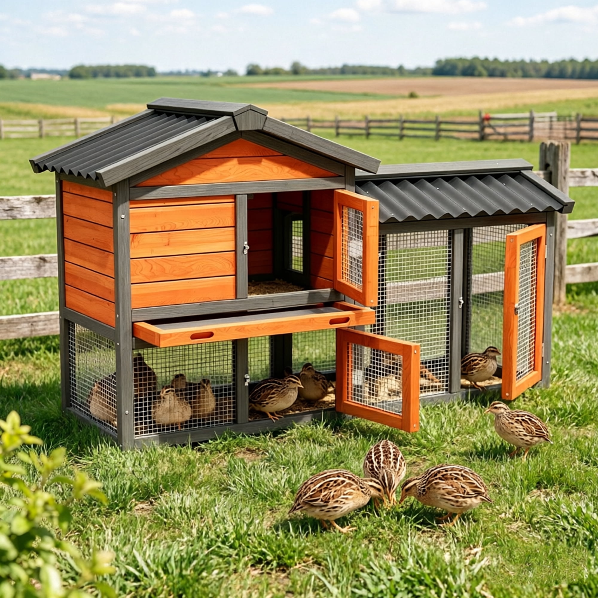 Outdoor 2 Story Quail Cage for 6 Quail with Weatherproof Brooder Box, Indoor Hutch for Guinea pig with Tray, Orange