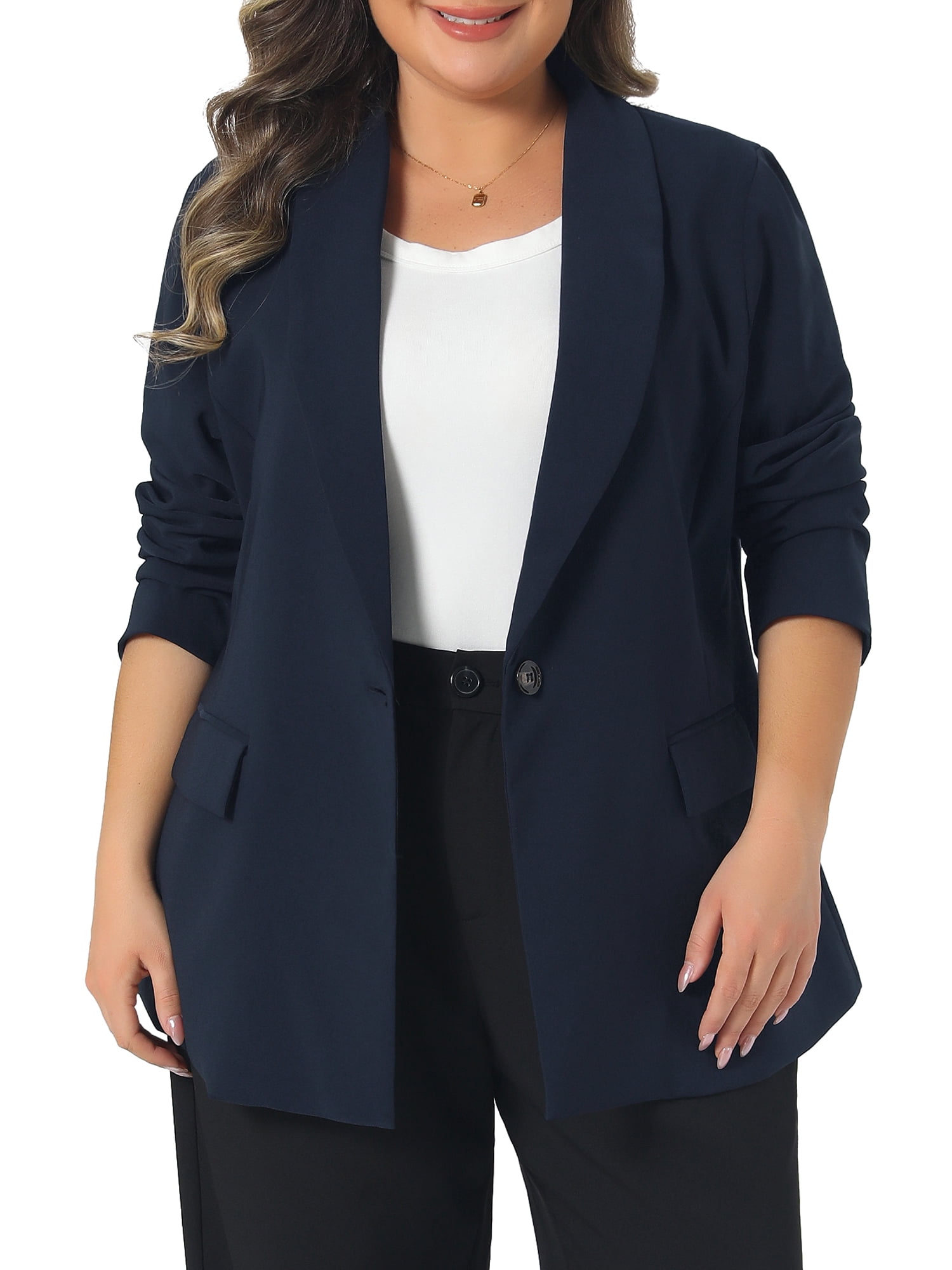 DARING DIVA Women's Plus Lapel Button Work Blazer 1X Dark Blue