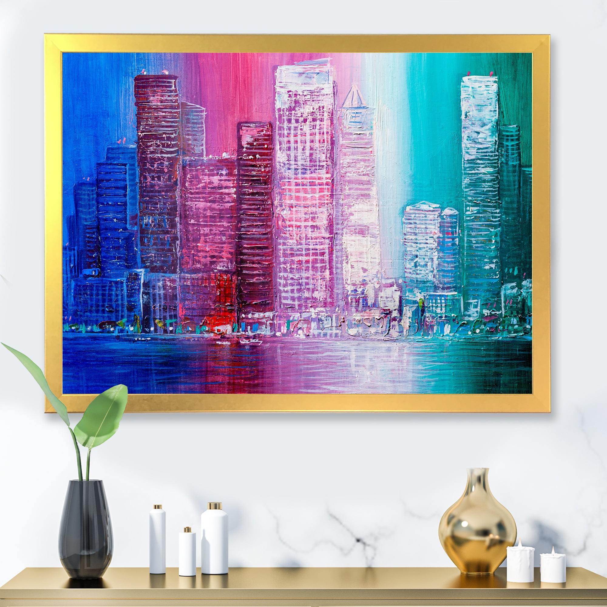 Designart 'Abstract Style Cityscape Panorama Skyscrapers II' Modern Framed Art Print