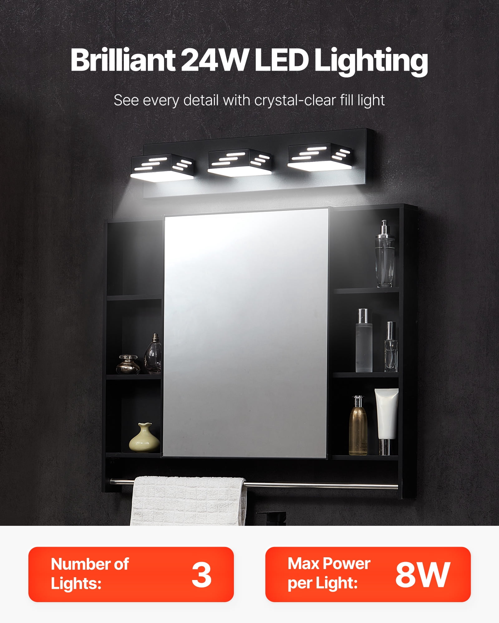 VEVOR 3-Light LED Modern Vanity Light Fixtures,19.69-Inch,Black Finish Bathroom Wall Lighting Fixture Over Mirror, with IP44 Waterproof, for Bathroom, Living Room, Bedroom, Hallway, Cool White 6000K