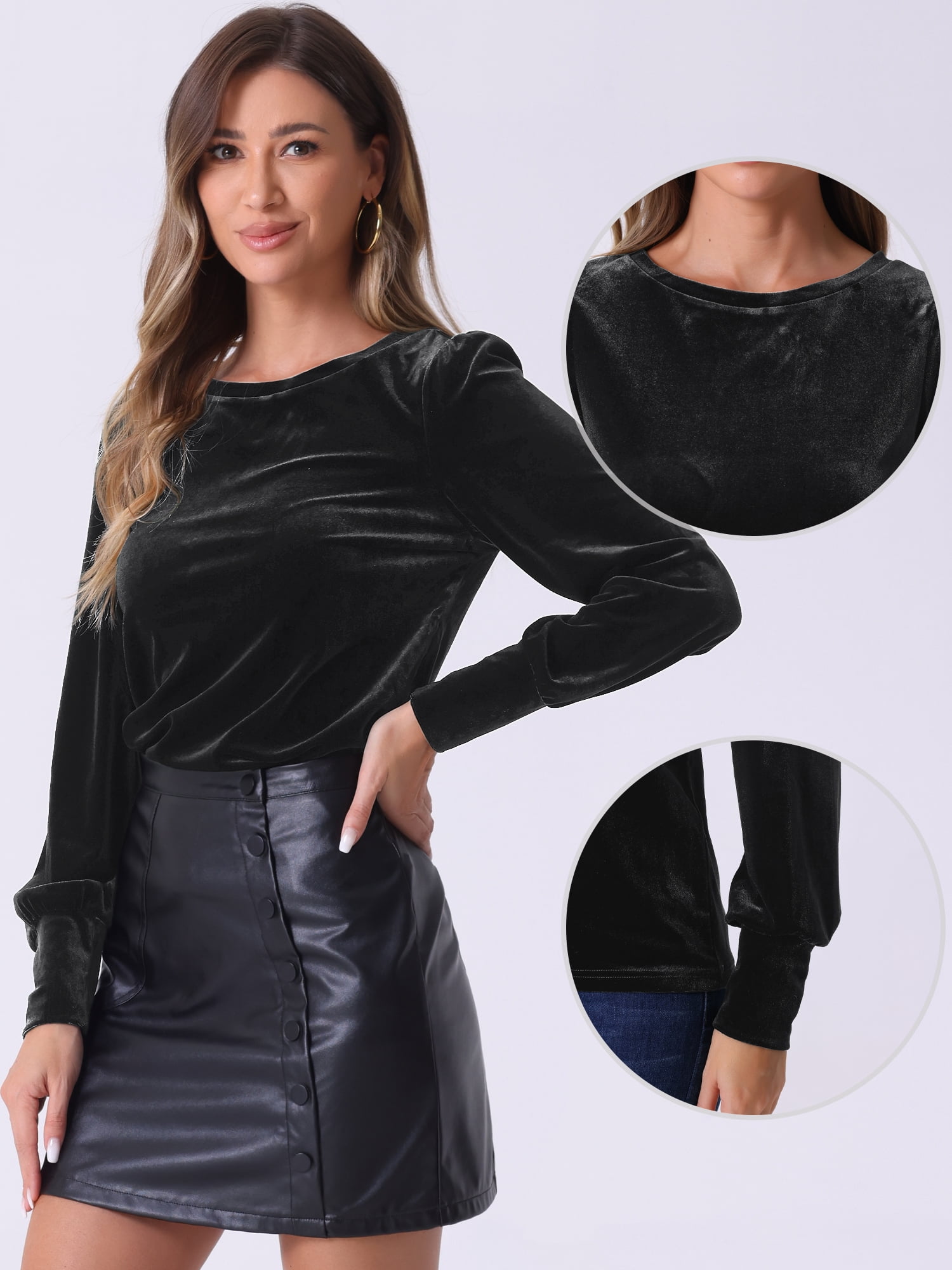 DARING DIVA Women's Velvet Crew Neck Puff Long Sleeve Blouses M Black