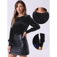 thumbnail image 2 of DARING DIVA Women's Velvet Crew Neck Puff Long Sleeve Blouses L Black, 2 of 6